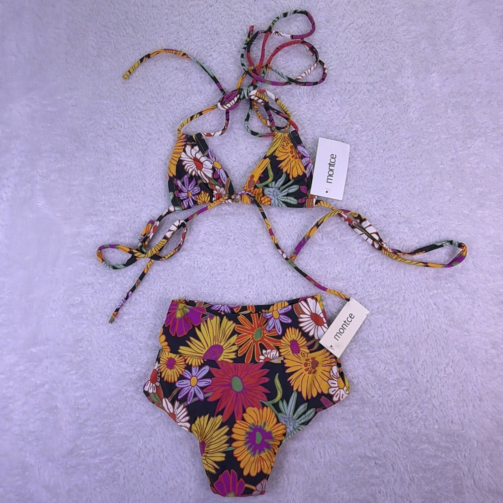 NEW Montce Floral Bikini Top & Cheeky Bottom XS Hippie Flowers Swimwear NWT